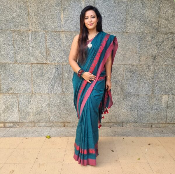 Luxury dark sage blue pure cotton handloom saree - Image 2