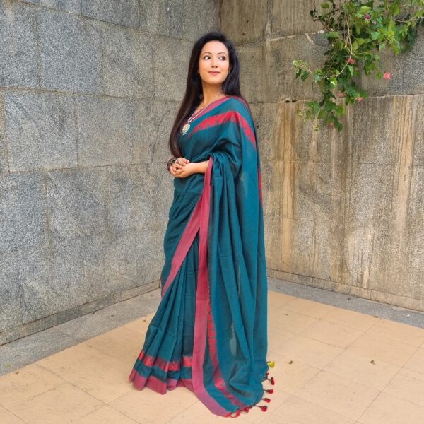 Luxury dark sage blue pure cotton handloom saree