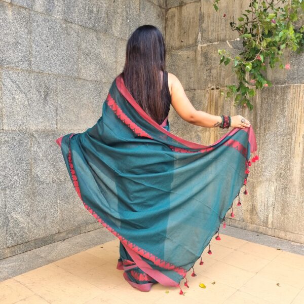 Luxury dark sage blue pure cotton handloom saree - Image 4