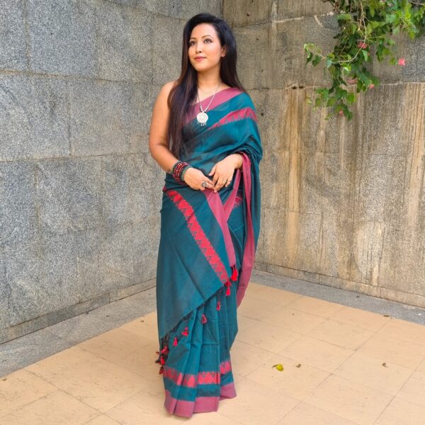 Luxury dark sage blue pure cotton handloom saree - Image 3