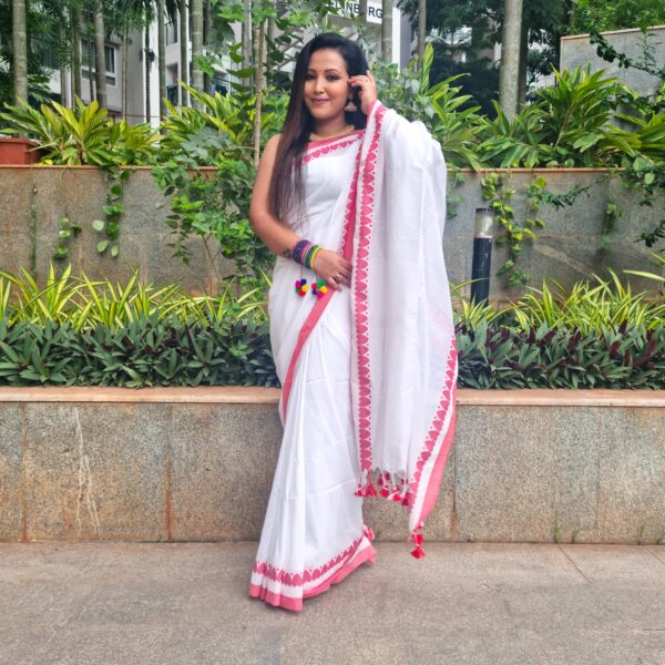 Pure cotton white saree with beautiful red border