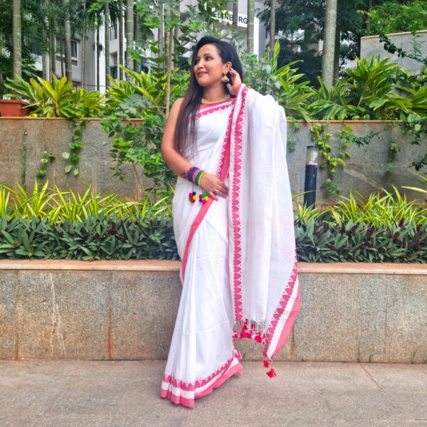 Pure cotton white saree with beautiful red border - Image 4