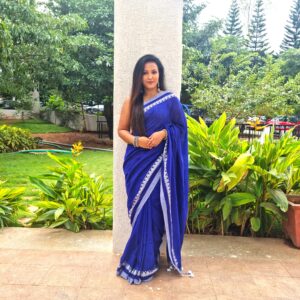 Luxury dark sage blue 100% pure cotton handloom saree
