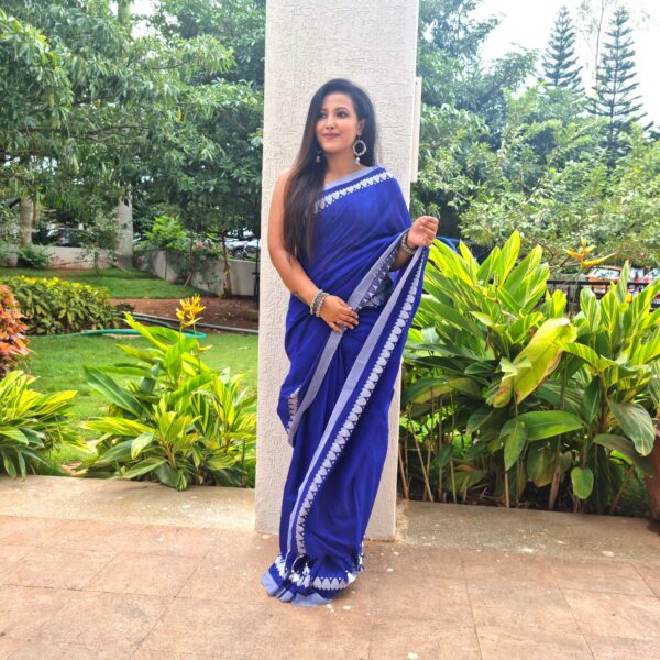 Luxury dark sage blue 100% pure cotton handloom saree - Image 3