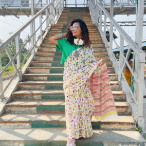 White Mulmul Saree with Lemon Print & Striped Pallu