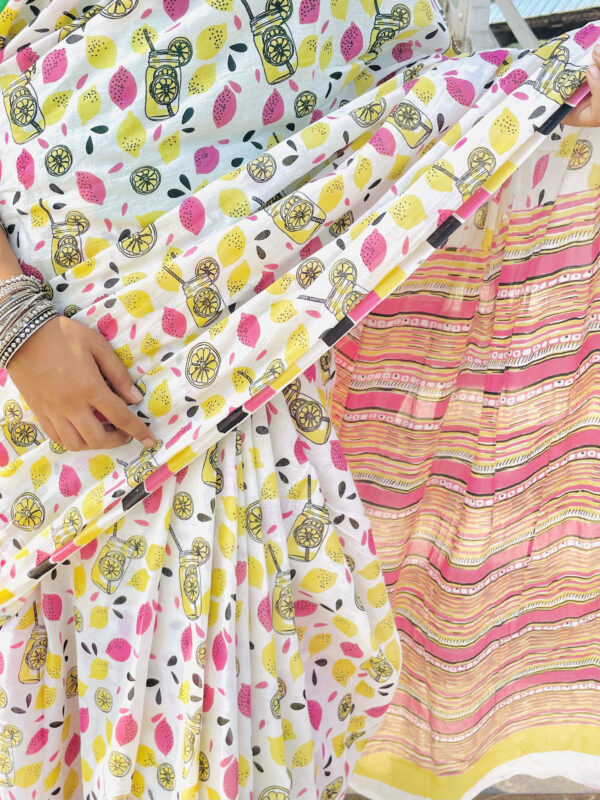 White Mulmul Saree with Lemon Print & Striped Pallu - Image 3