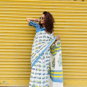 White Mulmul Saree with Blue & Yellow Car Print and Floral Pallu
