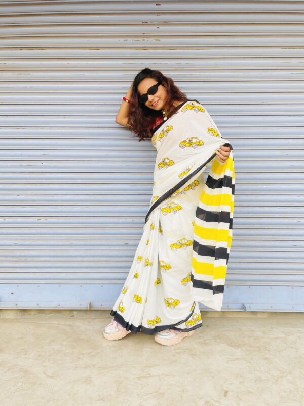 White Mulmul Saree with Yellow Taxi Print & Black-Yellow Stripes - Image 3