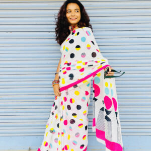 White Multicolor Polka Dot Printed Saree with Pink Border