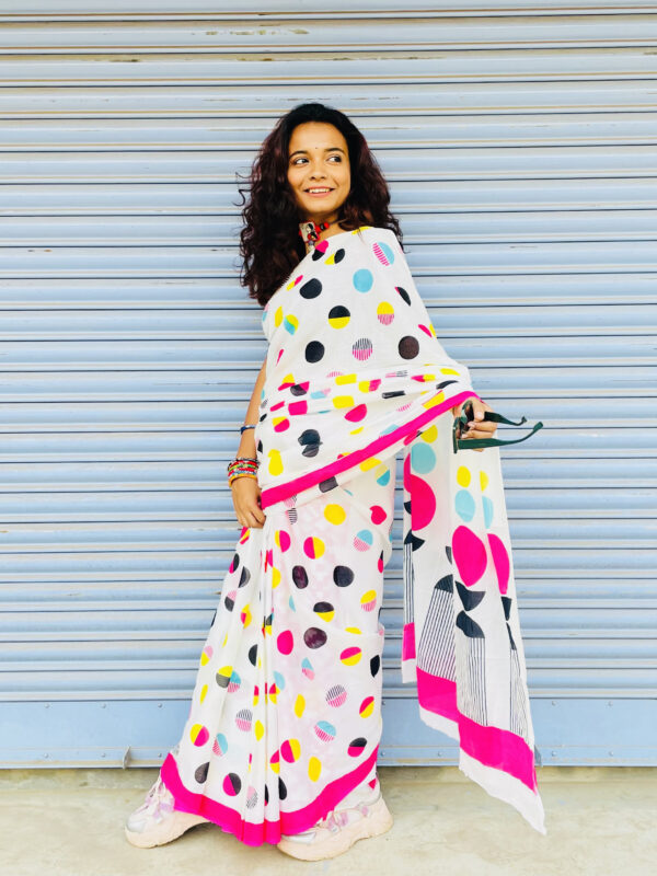 White Multicolor Polka Dot Printed Saree with Pink Border