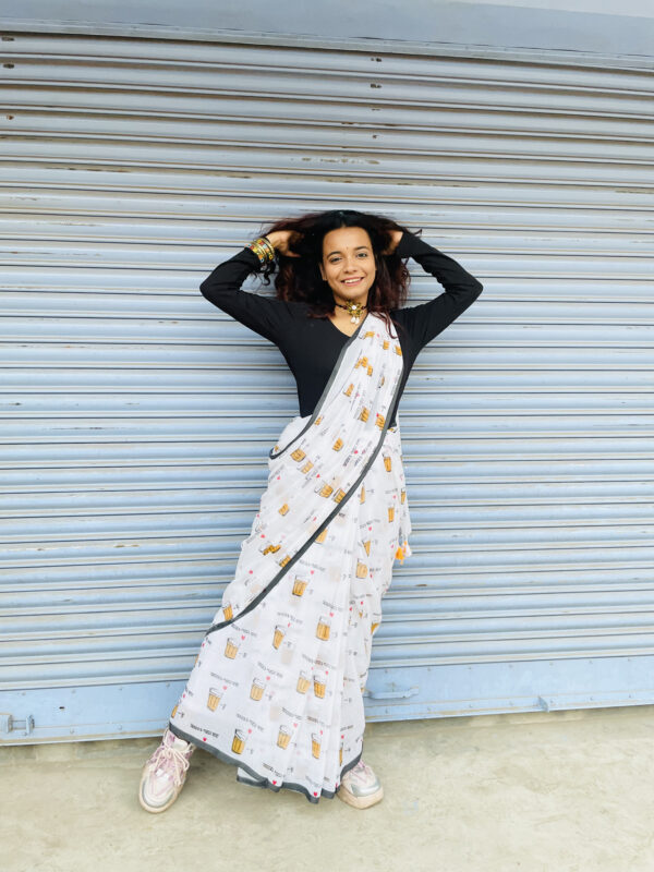 White Mulmul Saree with Tea Glass Print - Image 3