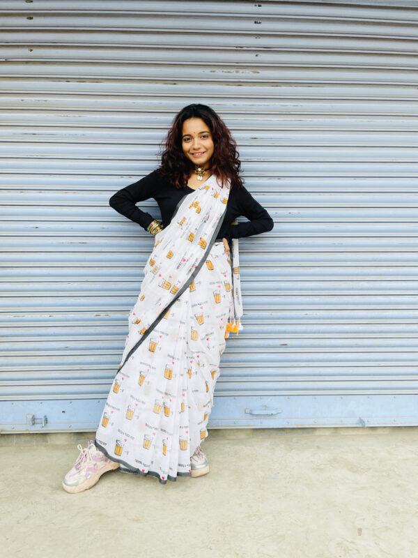 White Mulmul Saree with Tea Glass Print - Image 4